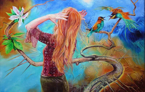 Picture flower, leaves, girl, birds, canvas, figure, branch, red