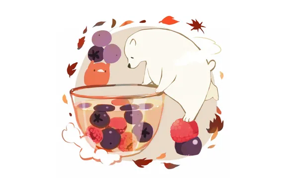 Picture raspberry, blueberries, white background, drink, bird, on one leg, compote, autumn leaves