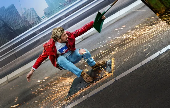 Road, asphalt, jeans, jacket, sparks, shovel, action, poster