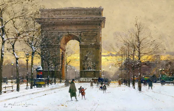 Picture Winter, Trees, People, Picture, Arch, Eugene Galien-Laloue, Eugene Gallien-Laloux, French Impressionist painter