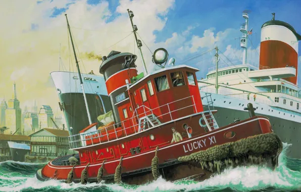 Art, painting, ship, boat, Harbour Tug Boat