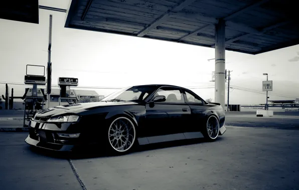 Picture black, Silvia, Nissan, black, Nissan, Sylvia, S14, the gas station