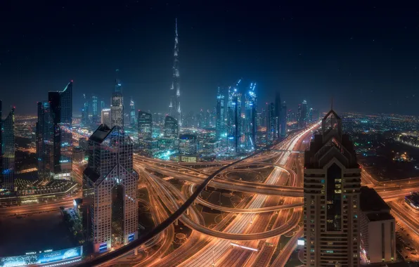 Night, the city, lights, Dubai, UAE