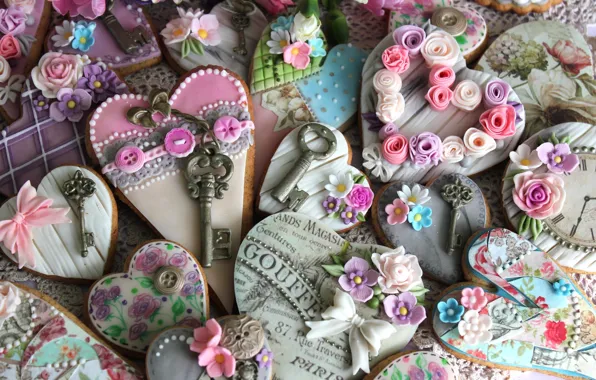 Flowers, style, cookies, hearts, decoration, keys, vintage, decor