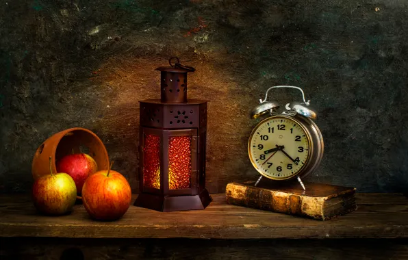 Apples, watch, lantern, book, The morning after