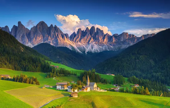 Forest, mountains, Alps, Church