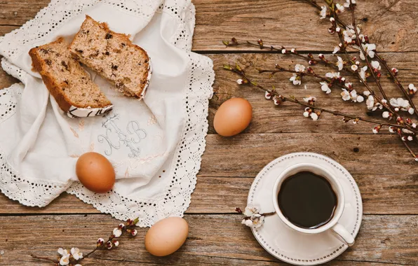 Flowers, branches, coffee, eggs, Easter, Cup, cake, wood