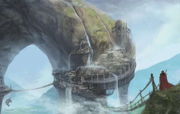 Landscape, castle, suspension bridge