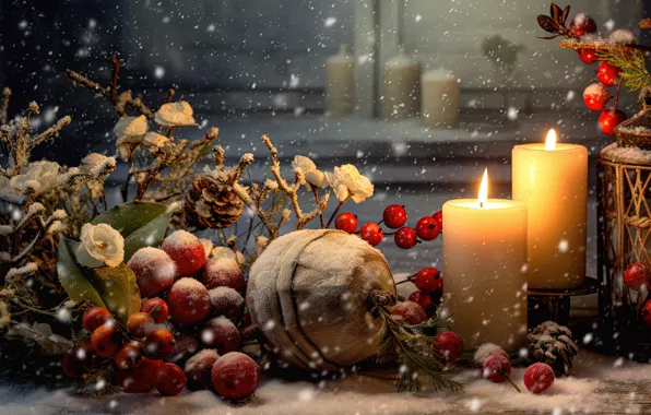 Picture winter, snow, decoration, night, berries, candles, New Year, Christmas