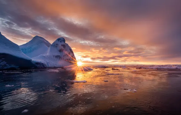 Winter, the sun, snow, dawn, iceberg, ice, pond