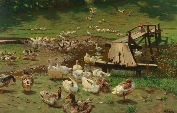 Picture 1905, German painter, German painter, The Dusseldorf school of art, Summer day Geese at the …