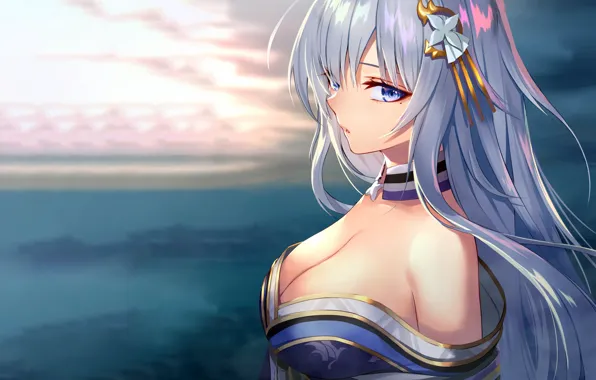 Girl, sexy, yukata, cleavage, long hair, dress, sea, boobs