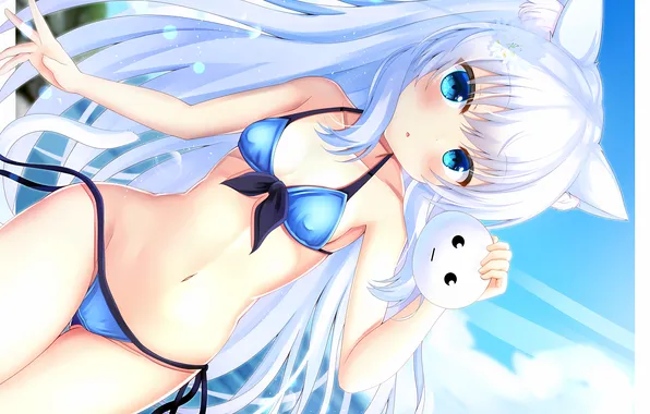 Girl, sexy, cleavage, flower, erect nipples, long hair, boobs, animal ears