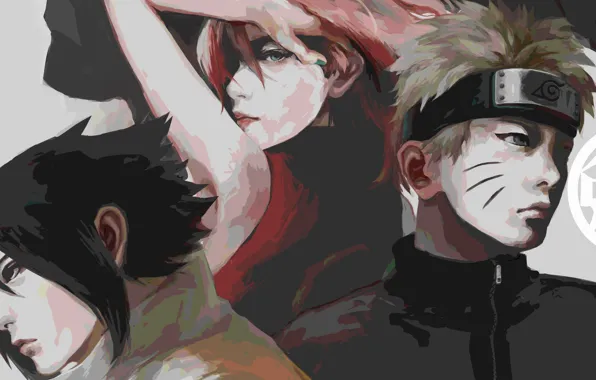 Naruto, art, Sasuke Uchiha, Sakura Haruno, Naruto Uzumaki, realistic art, by April