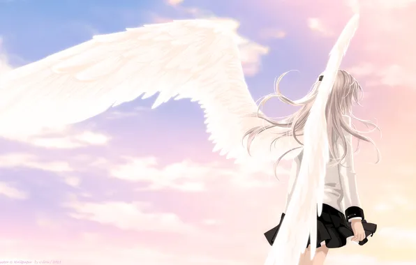 The sky, girl, clouds, wings, angel, anime, art, angel beats!