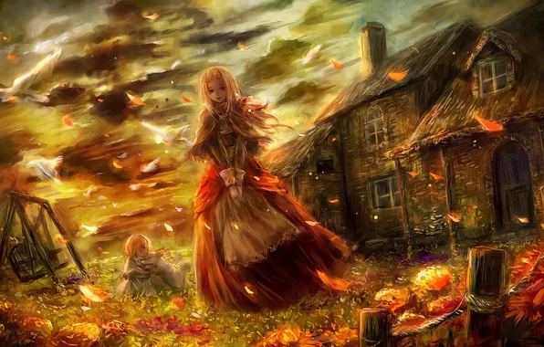 Picture leaves, girl, clouds, children, the wind, home, dog