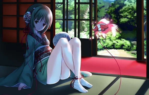 Girl, fish, headphones, fan, tape, wire, kimono, bow