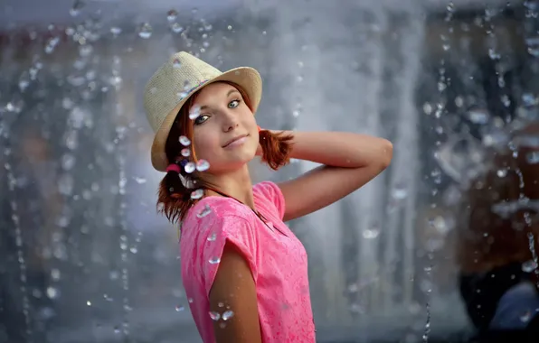 Picture summer, drops, smile, fountain, hat, Yana