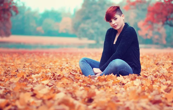 Leaves, girl, calm, girl, leaves, serenity, fall, fall