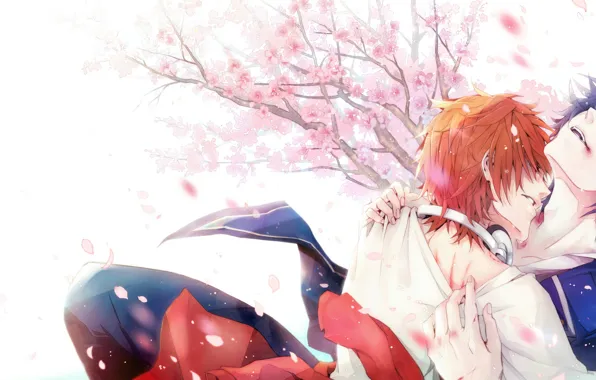 Passion, hugs, military uniform, ryzhyi, cherry blossoms, two guys, Project Key, K Project