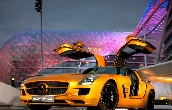 Mercedes-Benz, gold, AMG, SLS, the doors "gull wings"