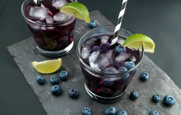 Ice, blueberries, juice, lime, glasses, drink, fresh, tube