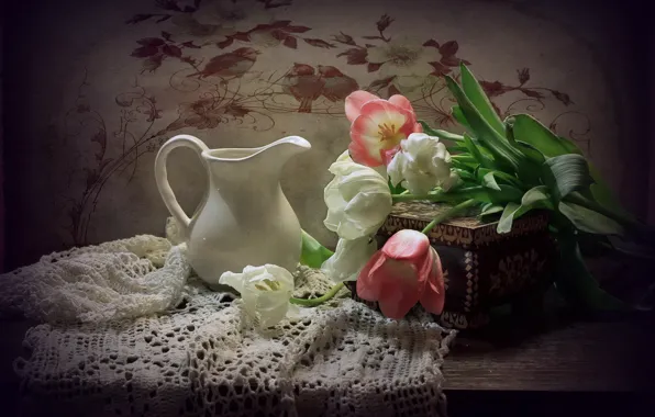 White, flowers, table, tulips, box, vase, pitcher, still life