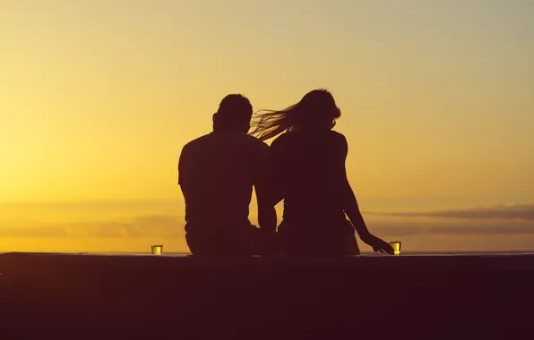 Picture glass, girl, clouds, sunset, hair, silhouette, pair, male