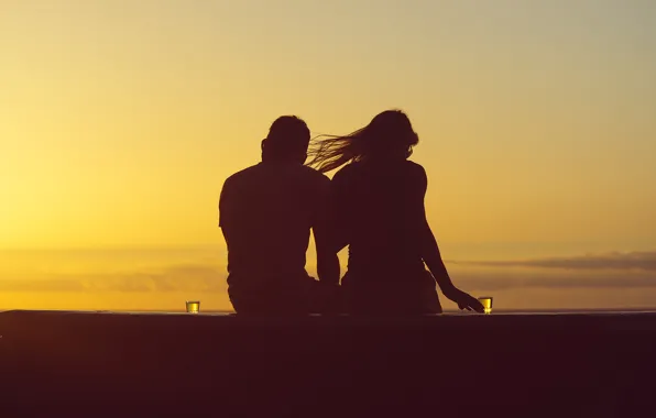 Glass, girl, clouds, sunset, hair, silhouette, pair, male