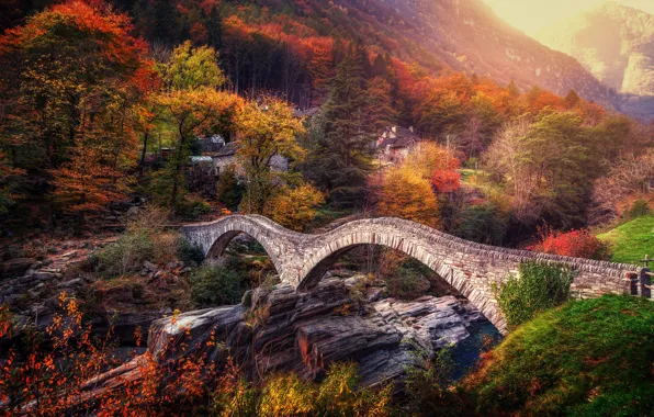Autumn, trees, bridge, Switzerland, Alps, Switzerland, Alps, Ticino