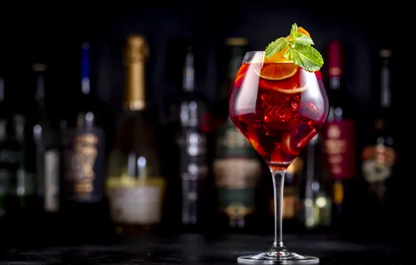 The dark background, table, wine, glass, alcohol, cocktail, bottle, citrus