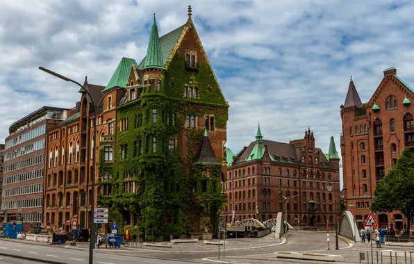 The sky, clouds, street, plant, home, Germany, Hamburg, turret