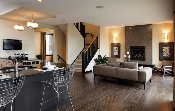 Photo, Design, Sofa, Lamp, Fireplace, Interior, Living room, Chairs