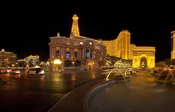 Road, night, lights, panorama, fountain, Nevada, cars, casino