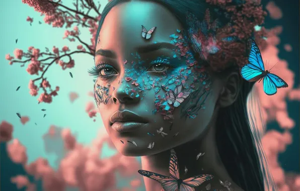Girl, butterfly, fantasy, digital art, AI art, generated by AI
