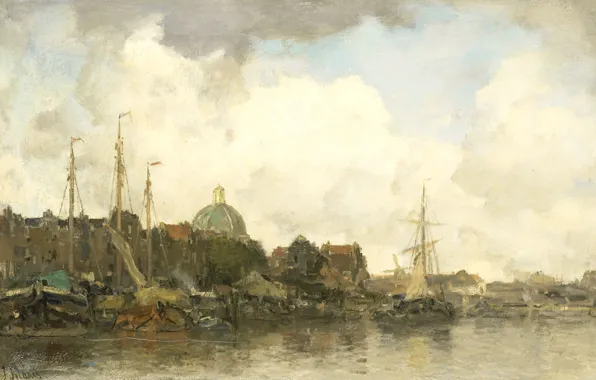 Ship, oil, picture, canvas, Jacob Maris Hendrikus, The view of the City from the dome …
