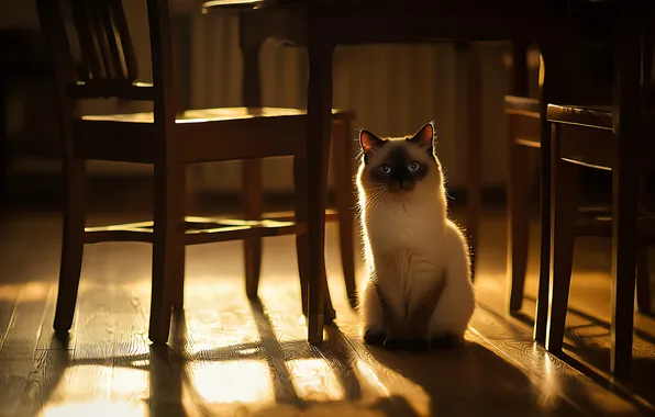 Cat, cat, look, the sun, light, pose, table, room