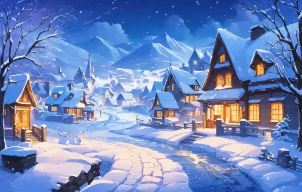 Winter, snow, mountains, night, river, shore, new year, dal