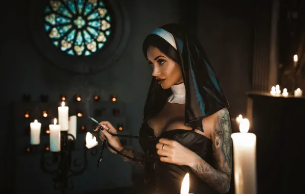 Picture chest, girl, model, candles, tattoo, image, nun, Louis of Navarre