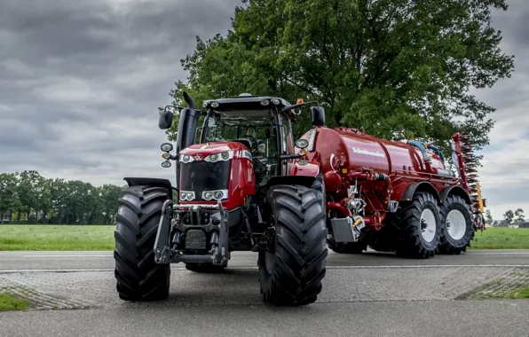 Road, the sky, red, tree, tractor, cabin, the trailer, wheel