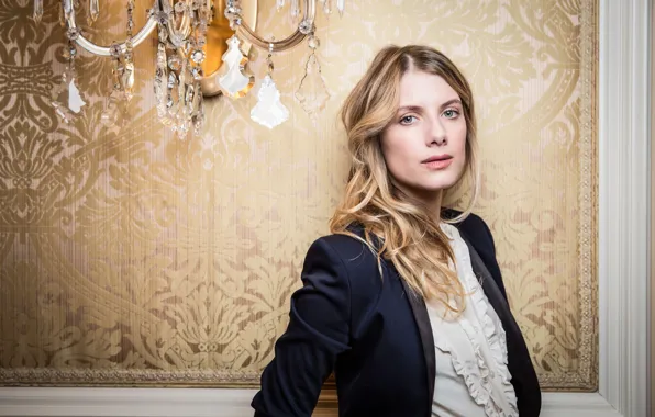 Wall, portrait, makeup, actress, hairstyle, blonde, chandelier, blouse