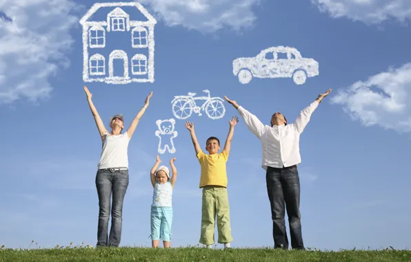 Machine, grass, dream, clouds, bike, children, house, family