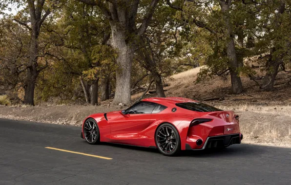 Asphalt, trees, red, coupe, Toyota, 2014, FT-1 Concept