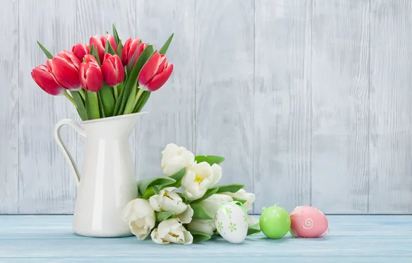 Flowers, eggs, spring, colorful, Easter, red, happy, wood