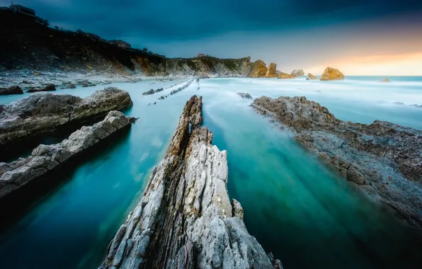 Sea, mountains, stones, rocks, houses, pond, rocky shore, stone ridge