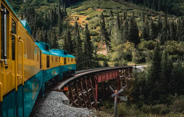 Alaska, forest, trees, nature, yellow, bridge, blue, mountains