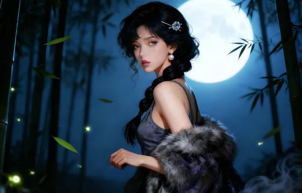 Picture girl, moon, night, braid, brunette, jewelry, ai art