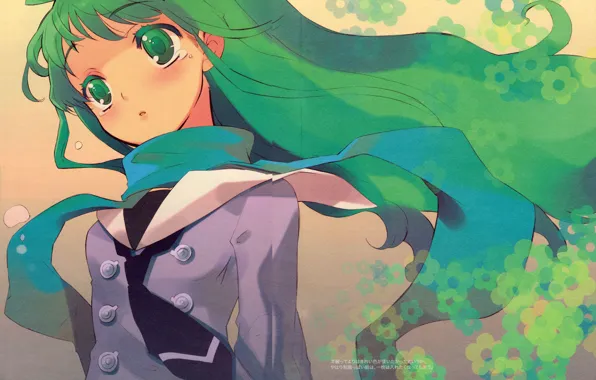 Scarf, tie, girl, flowers, school uniform, art, green eyes, Noizi Ito