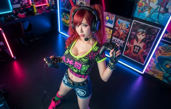 Cleavage, Asian, gamer, headphones, redhead, room, LEDs, AI art