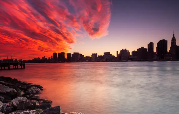 Sunset, the city, river, home, skyscrapers, NYC